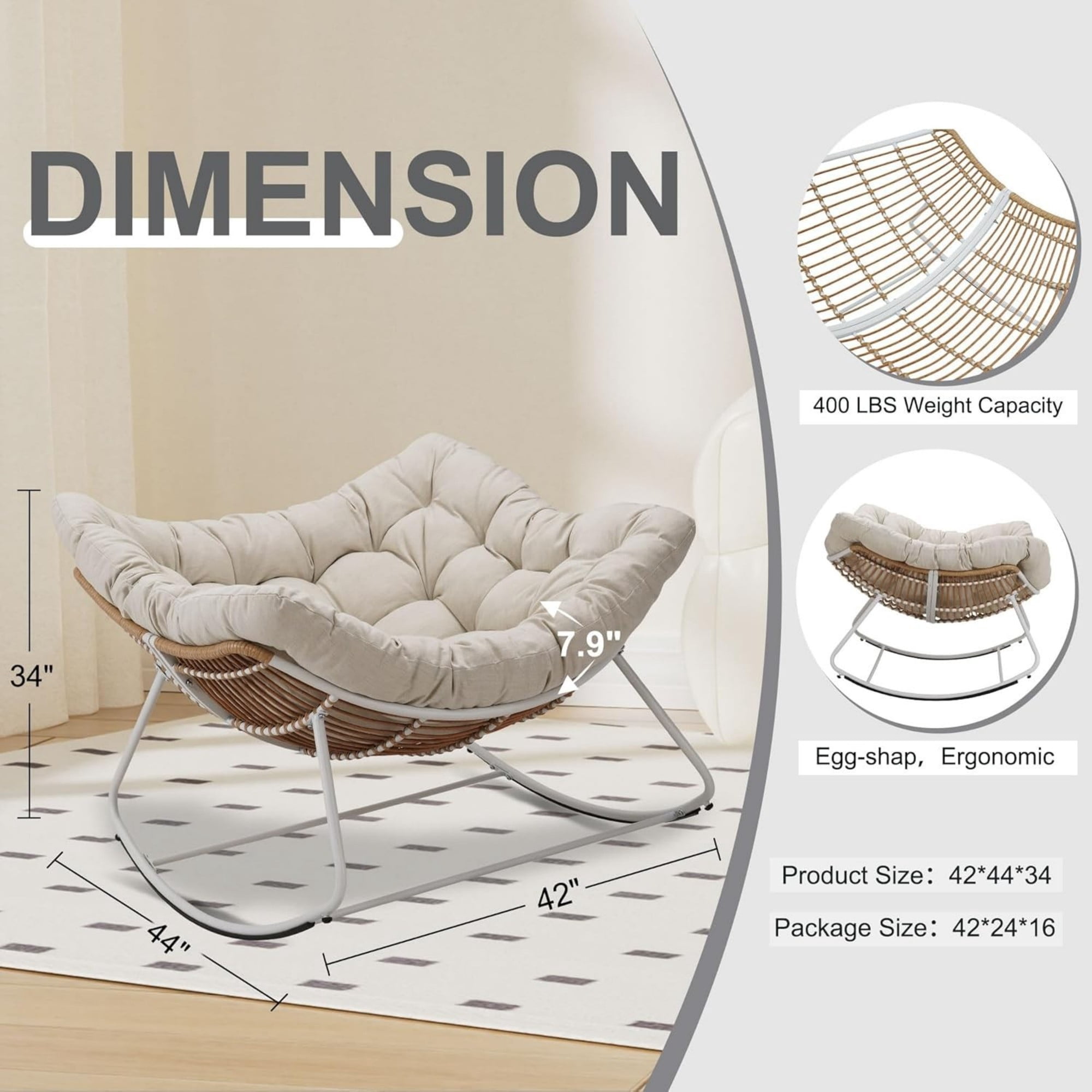 Outdoor Papasan Rocking Chair Oversized, Rattan Egg Rocker Chair with Padded Cushion, 400lbs Patio Wicker Rocking Chair for Living Room Porch Backyard, Beige