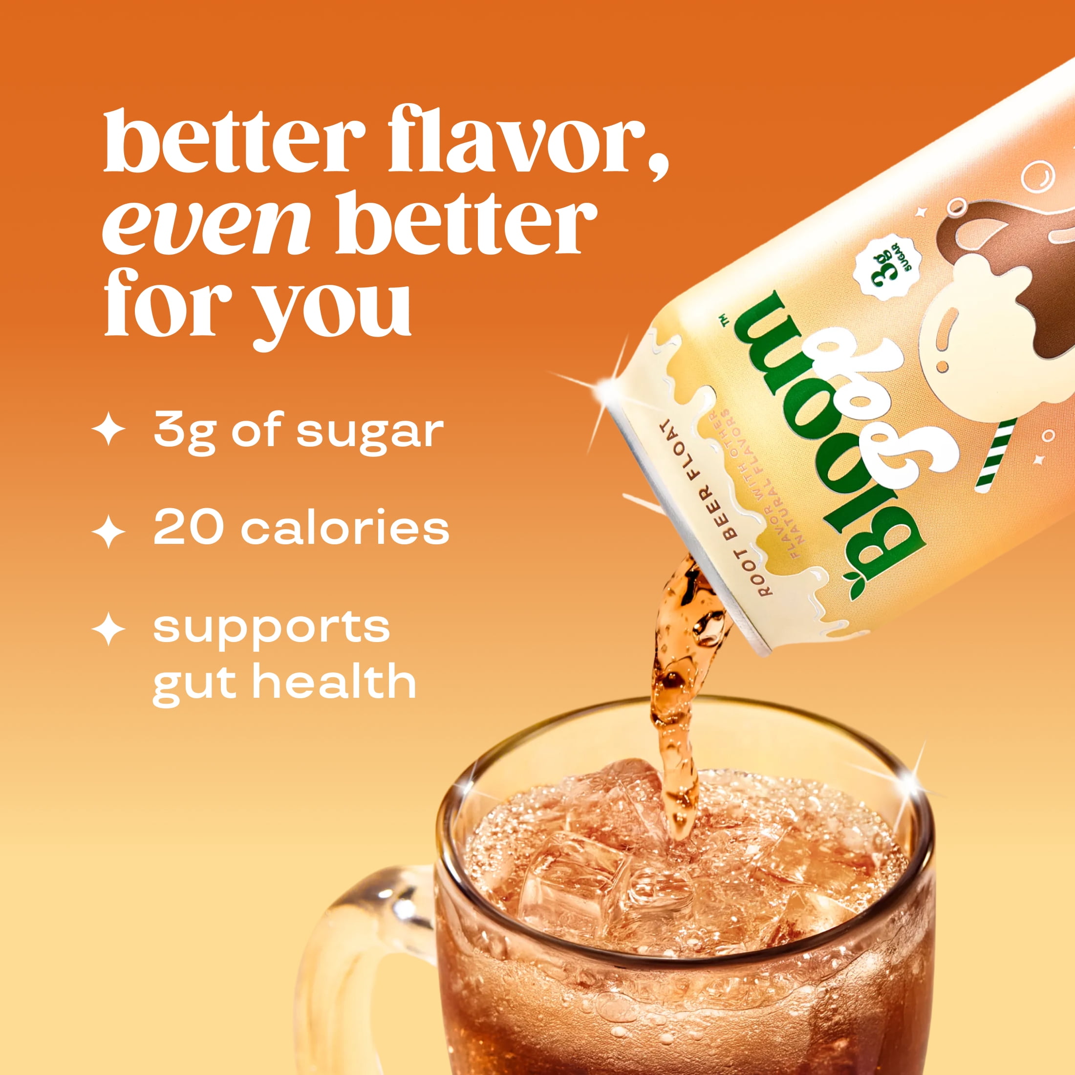 (6 pack) Bloom Nutrition Pop Prebiotic Soda, Root Beer Float, 12 fl oz, 4 Pack Cans