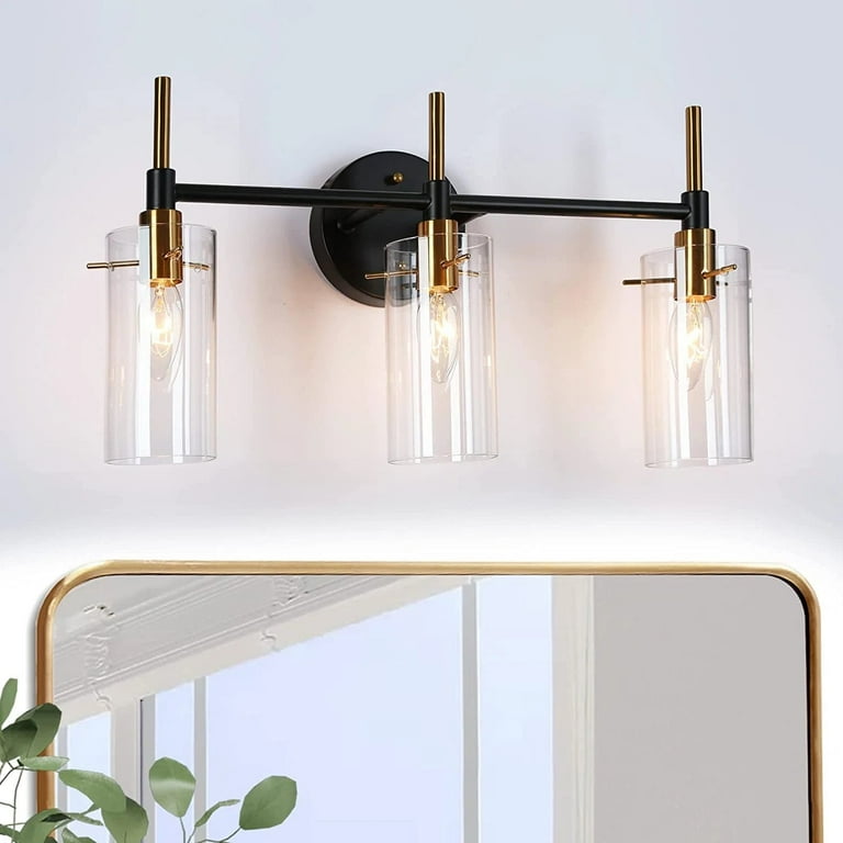 Beyond Modern Black Gold Bathroom Vanity Light Dimmable Wall Sconces with Cylinder Glass 4 Light