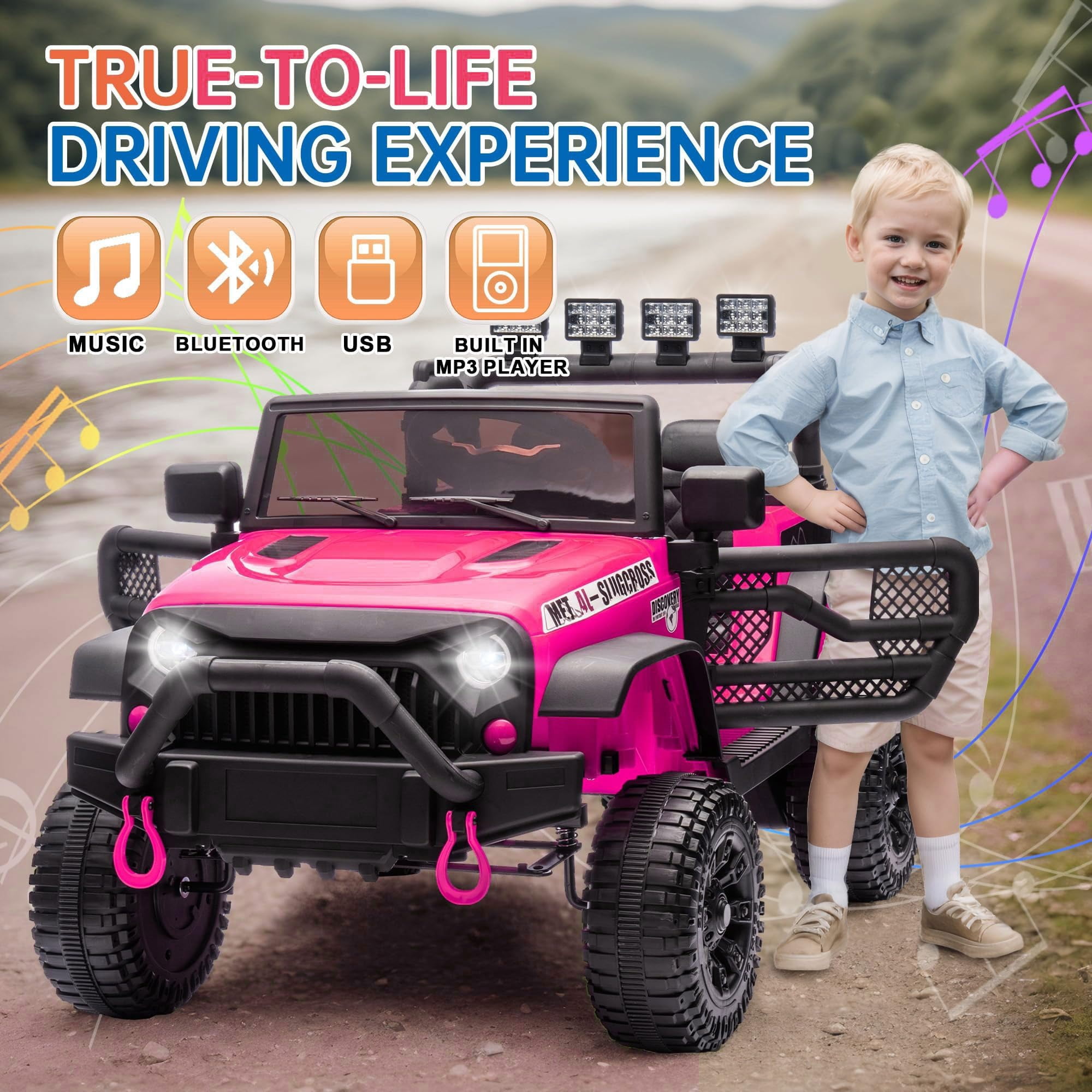 DYNALUNE  24V Kids Ride on Jeep, 400W Battery Powered Car with 4-Wheel Suspension & Music