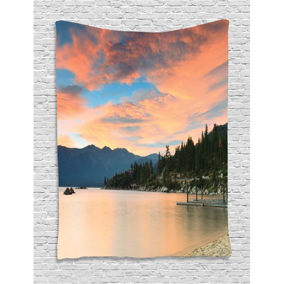 Lake Tapestry, Romantic Sunset at Lake Tahoe Peaceful Shoreline Sierra Nevada United States, Wall Hanging for Bedroom Living Room Dorm Decor, 60W X 80L Inches, Salmon Green Ivory, by Ambesonne