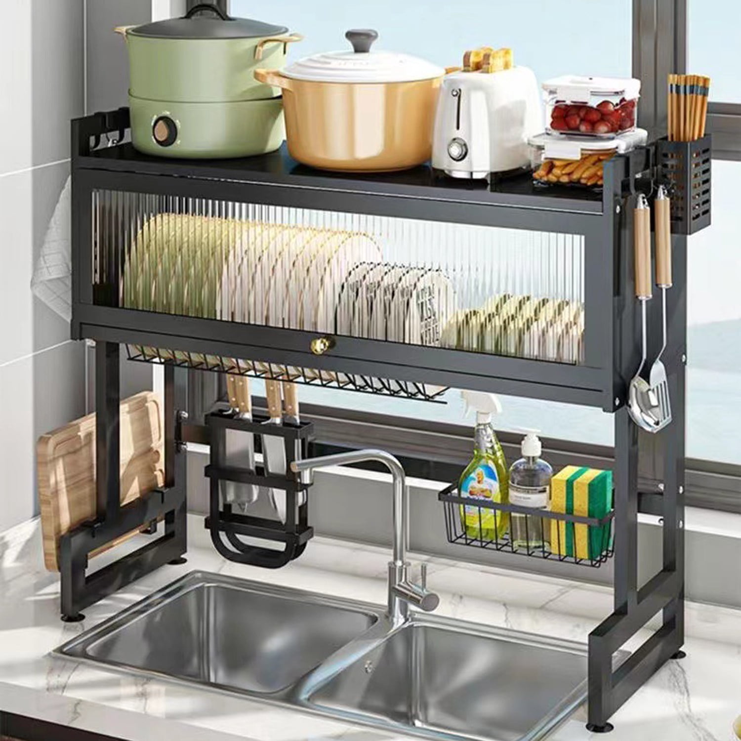 Over The Sink Dish Drying Rack, Over Sink Dish Drain Drying Rack for Kitchen Storage of Dishes and Cutlery, Space Saving Dish Rack with Cover, (Black, 33.5 inch)