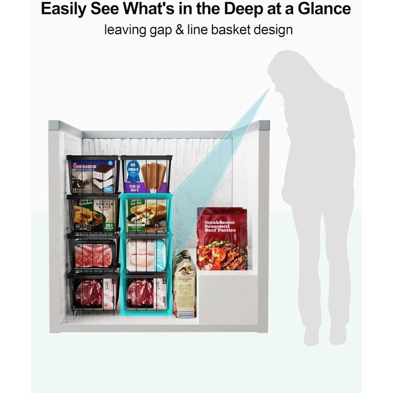 ISPECLE Chest Freezer Organizer Bins - 3 Pack Adjustable Width Deep Freezer Baskets For 5-9 Cu Ft Freezers, Stackable, Black