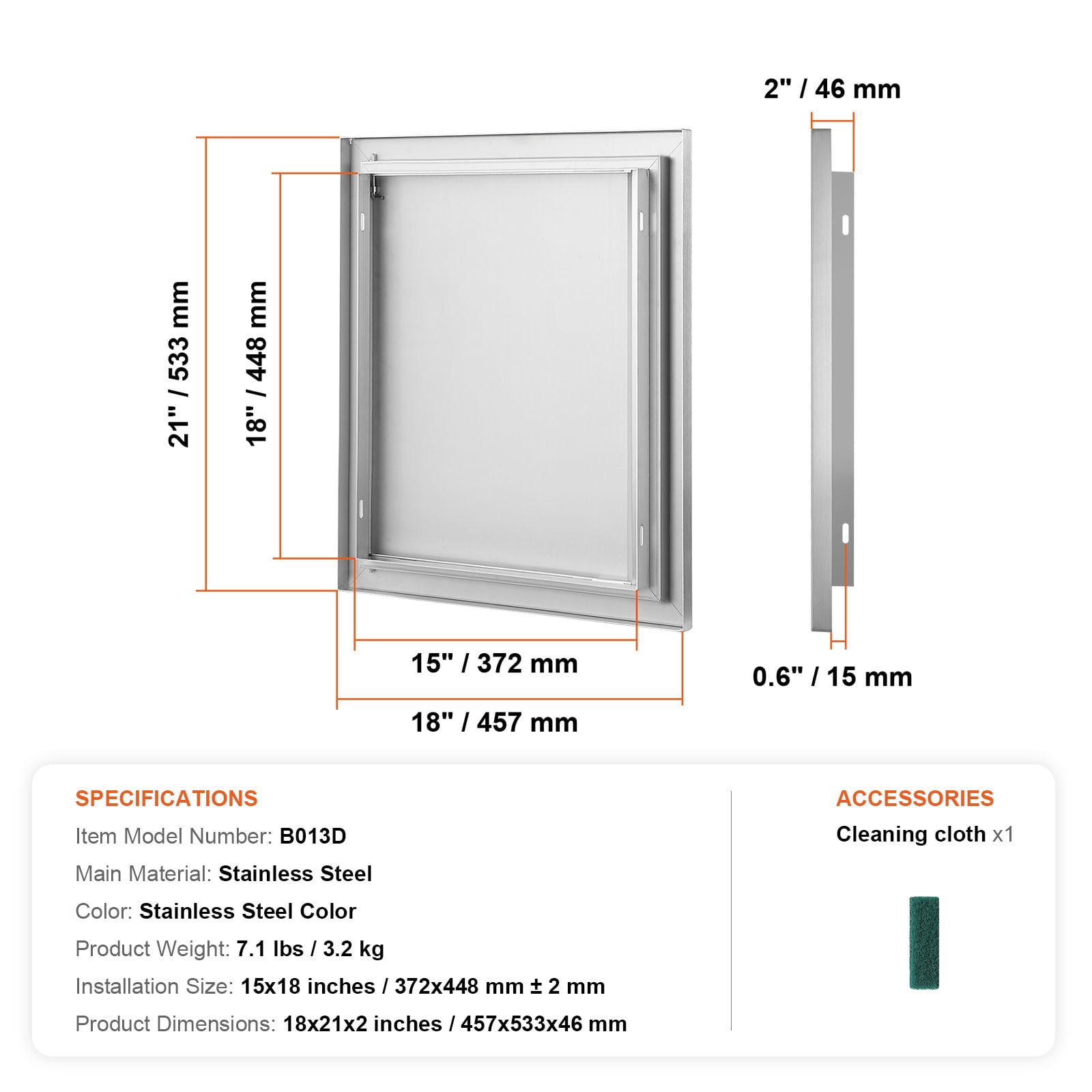 Stainless Steel BBQ Access Door 18x21 Inch with Hidden Handle, Reversible Hinge, for Outdoor Kitchen Island