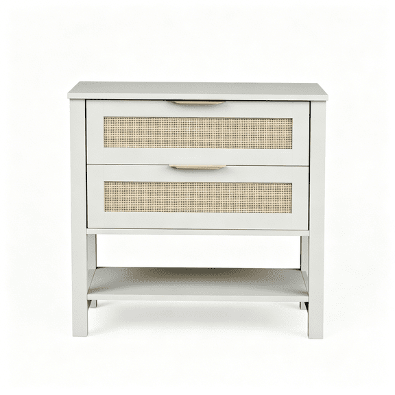 White Rattan Nightstand with Drawers, Boho Bedside Table with Open Shelf, Narrow Side Table for Bedroom, Living Room