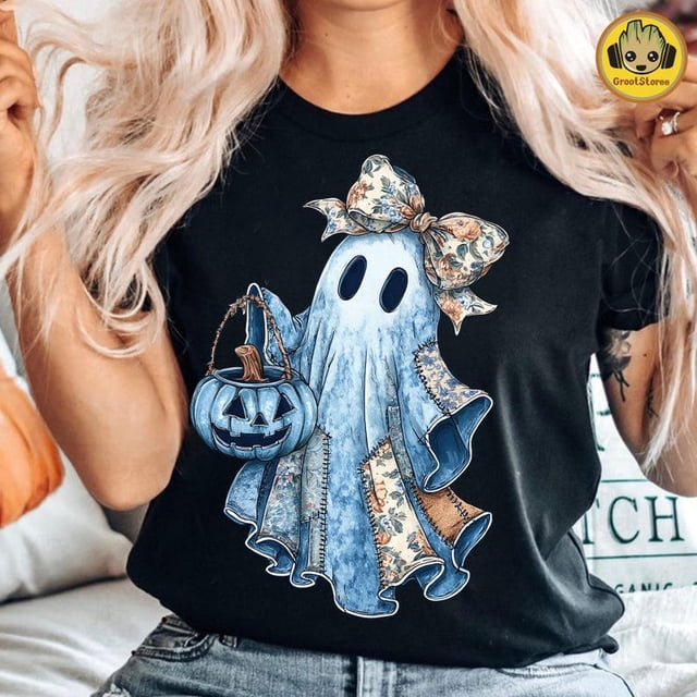 Chemise Fantôme en Denim Bleu Rétro Halloween, Chemise Fantôme Tendance Patchwork Effrayant, Chemise Coquette Fantôme Boo Mignon, Chemise Citrouille Automne, Chemise Saison Effrayant