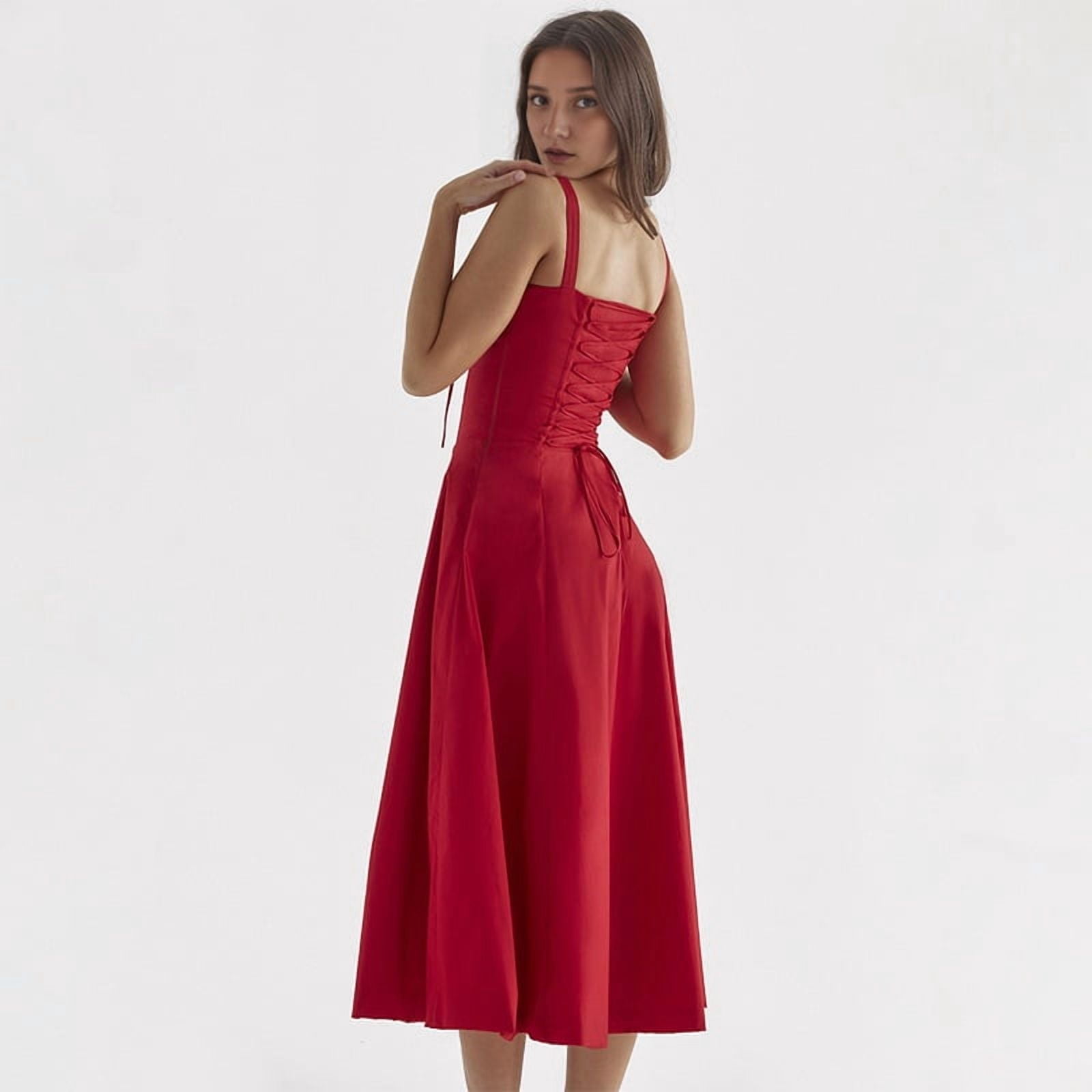 Women'S Summer Midi Corset Boho Dresses Casual Spaghetti Straps Lace Up Dress Flowy Aline Beach Sundress Red L