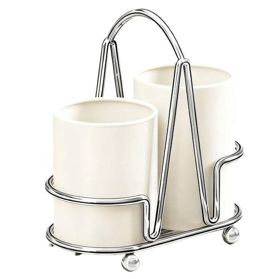 Dual Compartment Utensil Holder for Countertop, Silverware Caddy with Stainless Steel Frame & Removable Ceramic Inserts, Easy Clean Utensil Drainer Rack with Handle, Space Saving Beige White