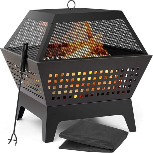 Amagabeli Fire Pit with Waterproof Cover Outdoor Wood Burning 24.4in Firepit Firebowl Fireplace Poker Spark Screen Retardant Mesh Lid Extra Deep Large ...
