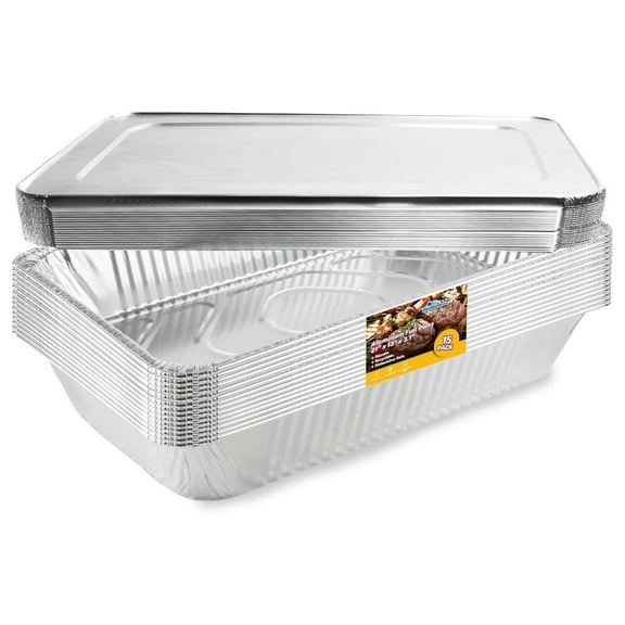 Large Aluminum Pans With Lids Disposable Full Heavy Duty Roasting, Broiling, Baking, Catering Pans 21x13x3 (15, Full-Size w/Lids)