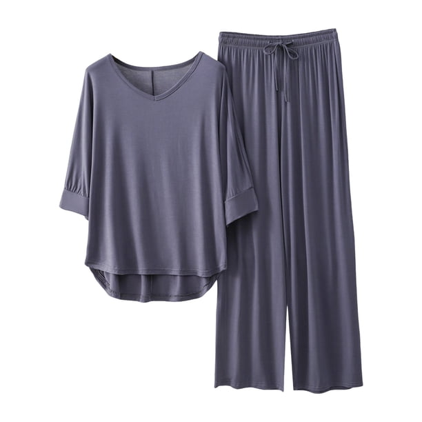 Conjunto de pijama de manga 3/4 para mujer: top con cuello en V y pantalones con cintura elástica, tejido de poliéster, ropa informal para estar por casa - Tallas L/XL