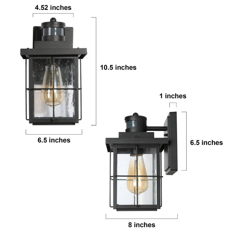 LNC Modern Motion Sensor Outdoor Wall Light with Seeded Glass, Dusk to Dawn Black Lantern