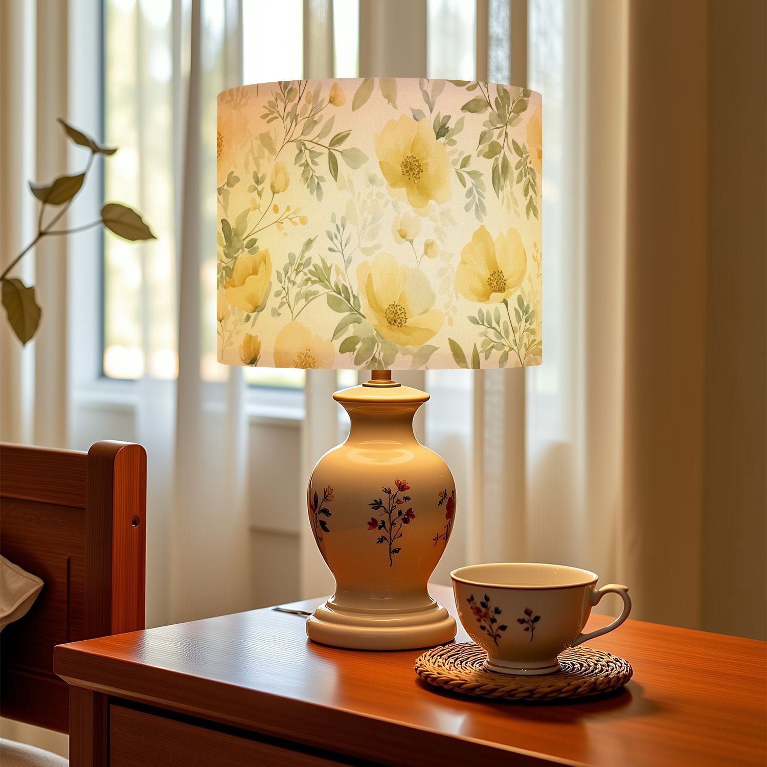 Linen Drum Lampshades Delicate Yellow Floral Greenery Soft Watercolor Touches 13"x13"x10" Light Shade for Table Lamps Floor Lamp Shades Lampshade Replacement Assembly Required
