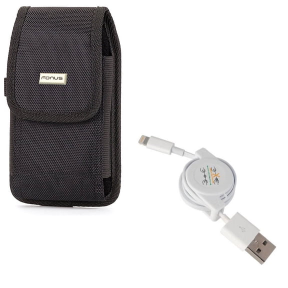 USB Cable w Case Belt Clip for iPhone XR - Retractable Charger Power Cord Sync, Swivel Holster Rugged Cover Pouch Compatible With iPhone XR