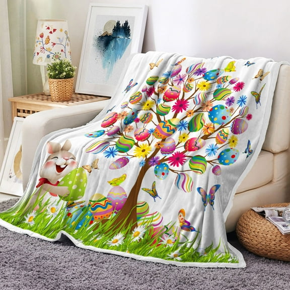 Easter Throw Blanket, Happy Easter Throw Flannel Blankets for Couch & Bed, Easter Bunny with Colorful Eggs in Grass and Flowers Plush Cozy Fuzzy Blanket 50" x 60", Super Soft & Warm Blankets