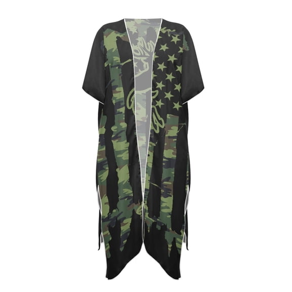 HELLHERO Casual Loose Long Kimono Swimsuit Cover Up for Summer Polyester Lightweight Bathing Suit Cover Up Green American Flag