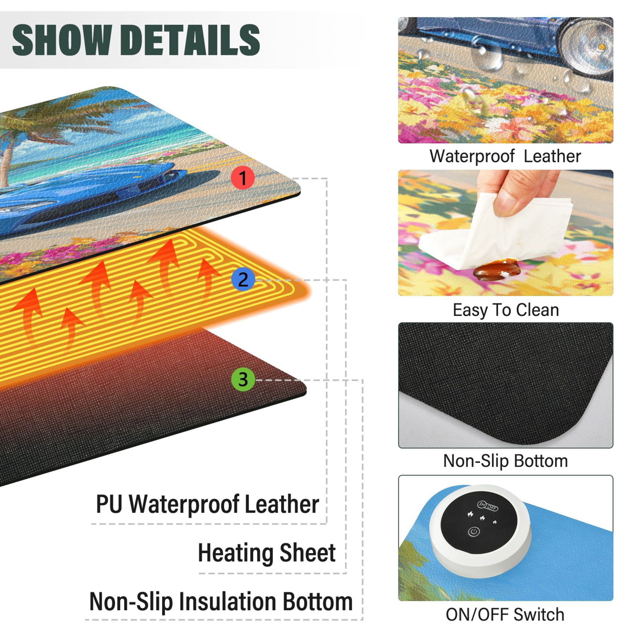 Large Heated Desk Mat Mouse Pad 31.5"x13"PU Leather Graphene Heating Desk Warmer with 3 Temperature Settings 110V US Plug Non-Slip Warm Pad for Home, Office, and Gaming Blue Sports Car by The Beach