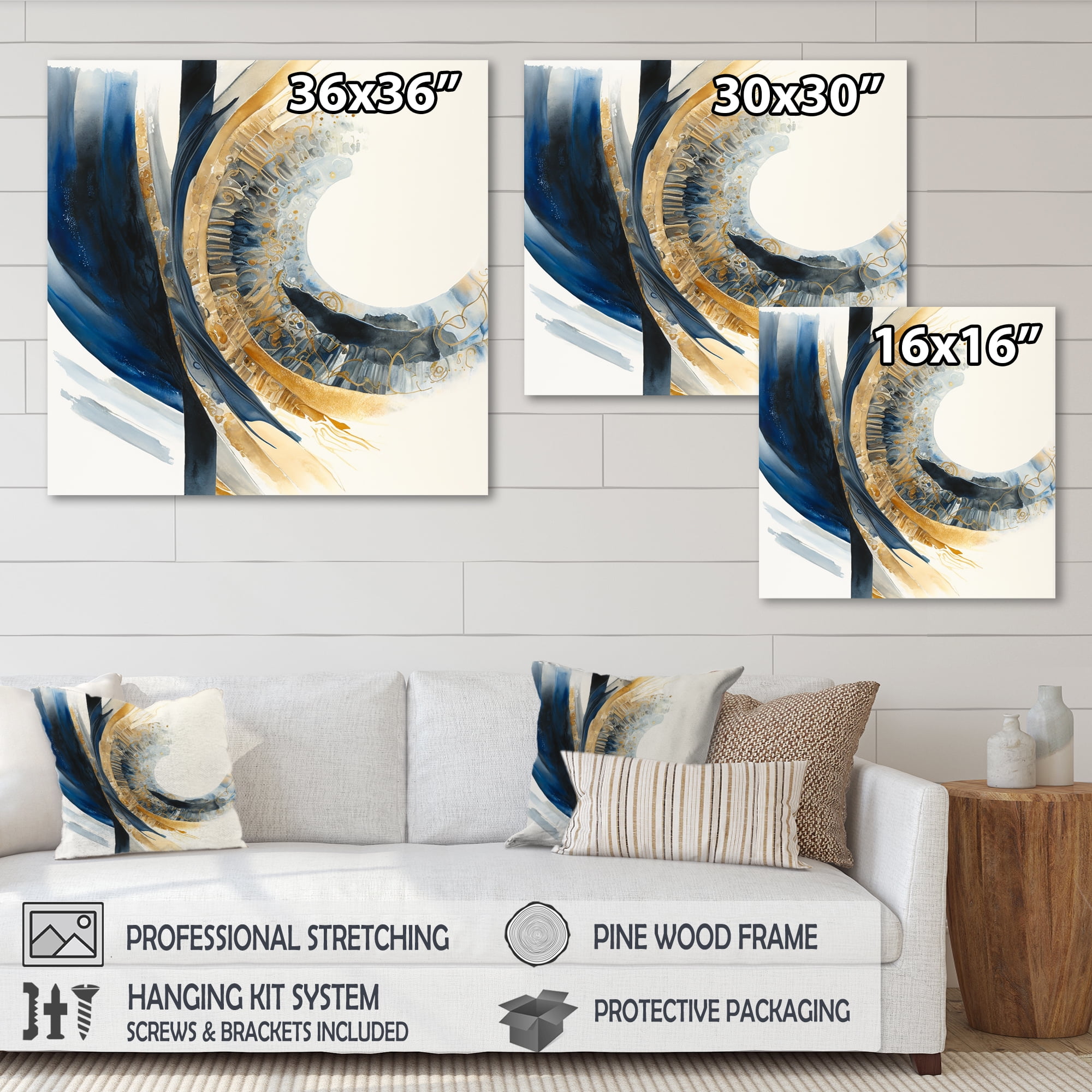 Designart Blue And Gold Swirl Abstract IV Canvas Wall Art