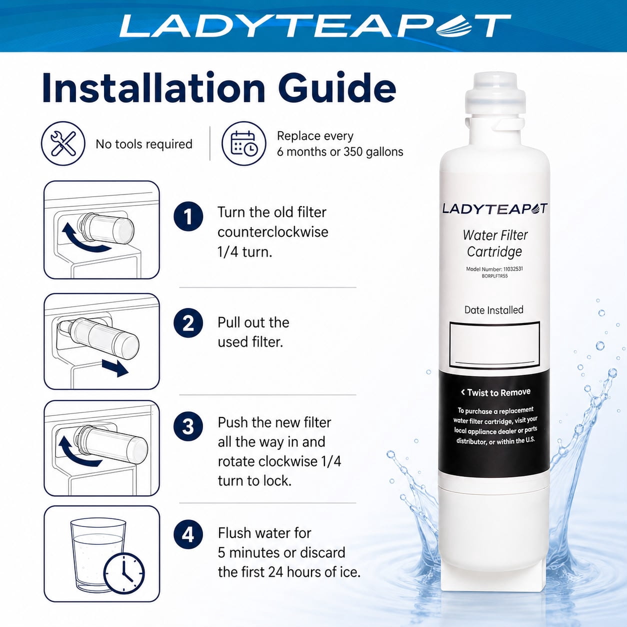 LADYTEAPOT 12033030 Replacement for Bosch® UltraClarity® Pro BORPLFTR50, 11032531 Refrigerator Water Filter, Compatible with 11025825, BORPLFTR55, B36CD50, B22CS50, B36FD50SNS, B36CT80SNS ( 3 Pack )