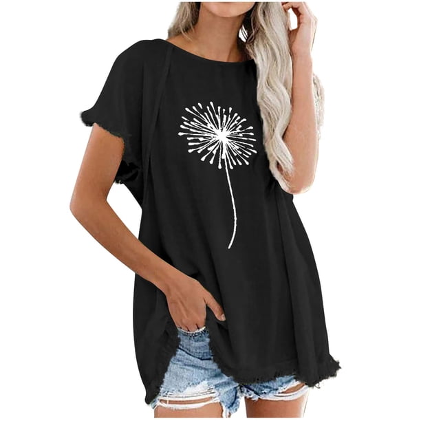 Blusa superior de lino y algodón con estampado de manga corta y cuello redondo con borlas para mujer Pompotops hkajfhjk469349
