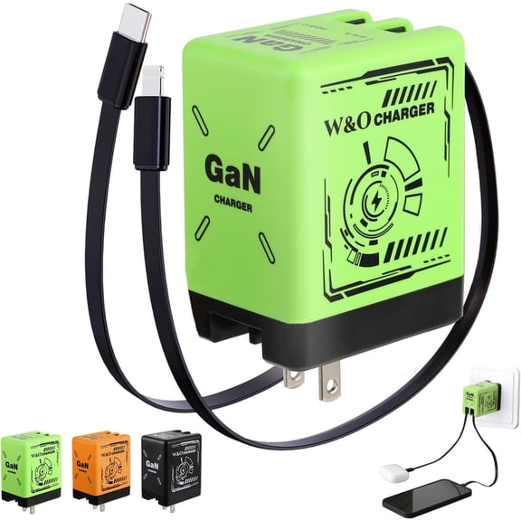 W&O 2 in 1 Gan Charger(Type C/L), 120w Compatible Fast, Fast Charging Power Adapter for Smartphone, Retractable Phone Charger Wall Plug with Fast Charging Cable for iPhone, Phone, Laptops(Green)