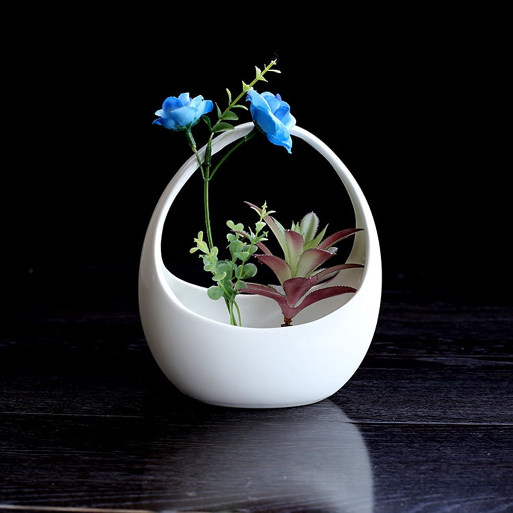 OUNONA  Flower Basket Planter Ceramic Hanging Pot Balcony Garden Decoration