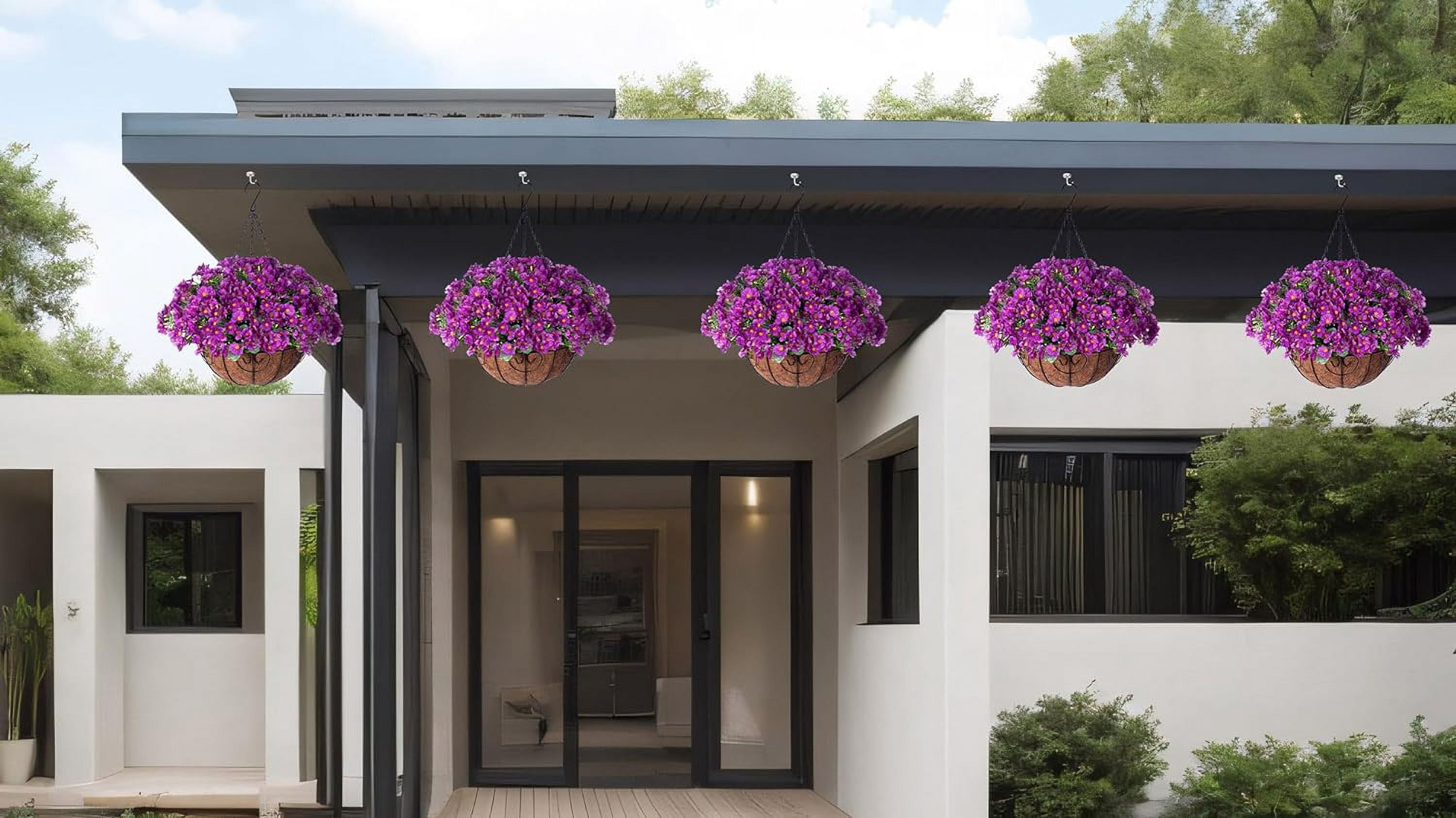 Artificial Hanging Flowers Basket for Spring Outdoor Outside Decoration, Fake Silk Colorful Daisy Eucalyptus in Planter UV Resistant Look Real for Home Patio Yard(Darkorchid)