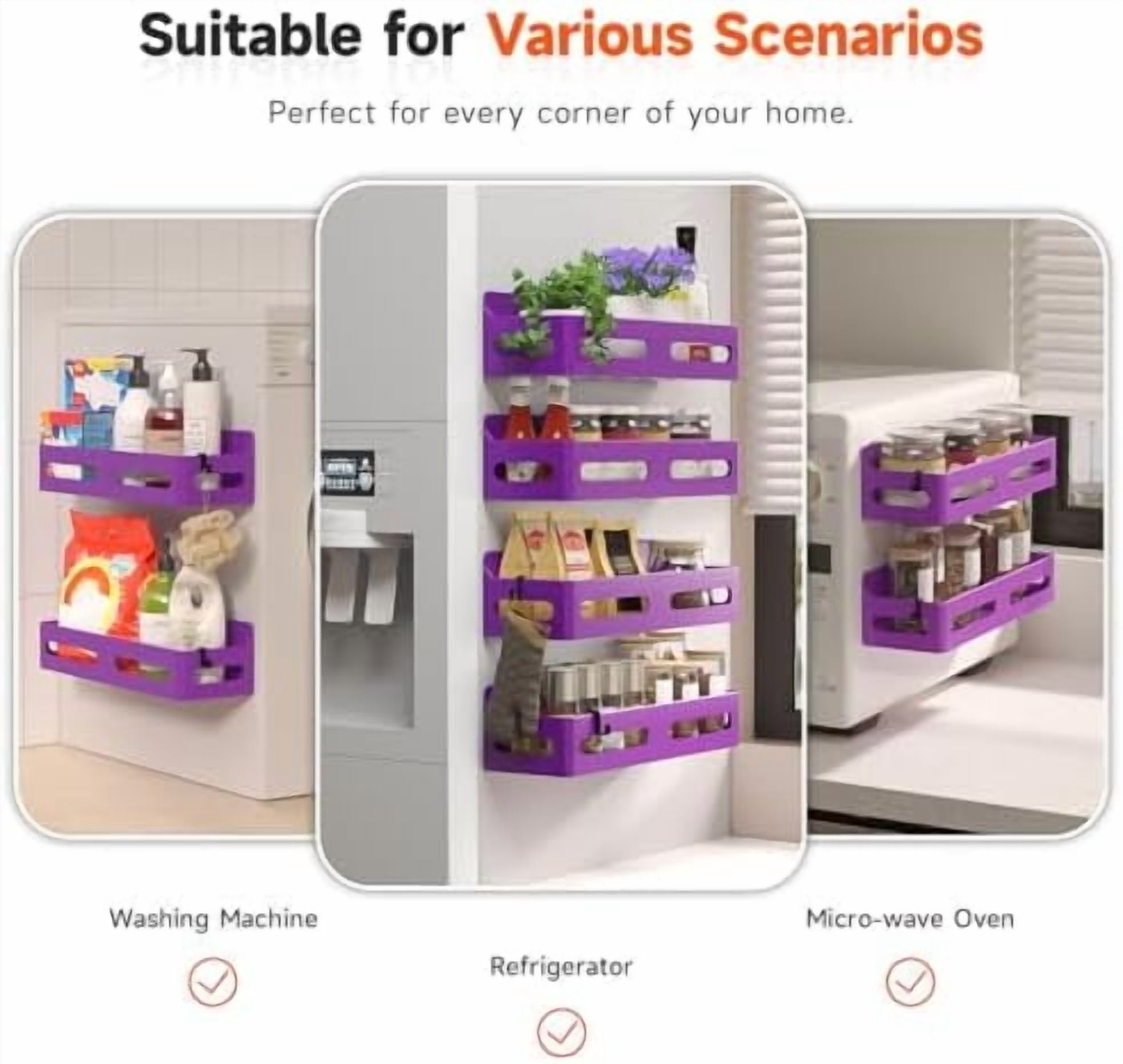 4 Pack Strong Magnetic Spice Rack for Refrigerator, Multipurpose Magnetic Shelf for Fridge with 4 Hooks for kitchen and Bathroom Organization, Purple