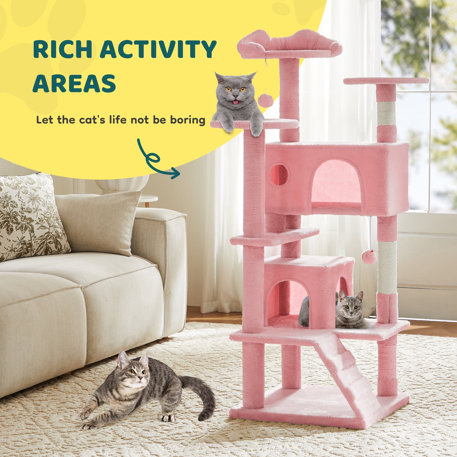 SHOUFTW 54 Indoor Cat Tree Tower, Multi-Layer Design, Sisal Scratching Posts, Spacious Apartment, Climbing Ramp, Kitten Toys, Pink
