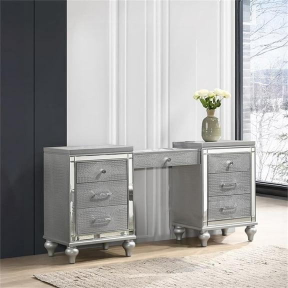 Pemberly Row Contemporary Solid Wood 7-Drawers Vanity in Silver