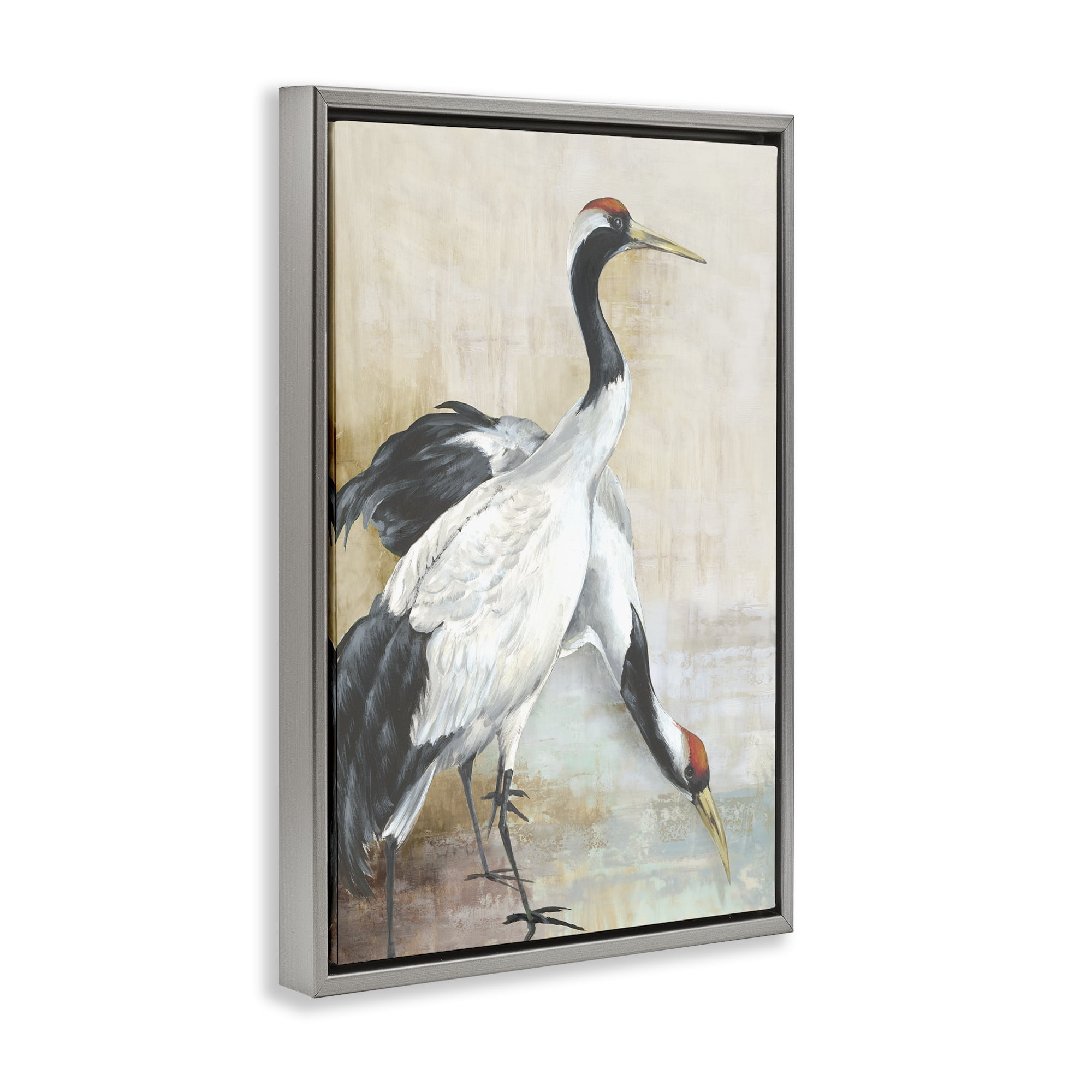 Stupell Industries Crane Duo at Riverside Animals Painting Gray Floater Framed Canvas Art Print Wall Art, 17 x 25