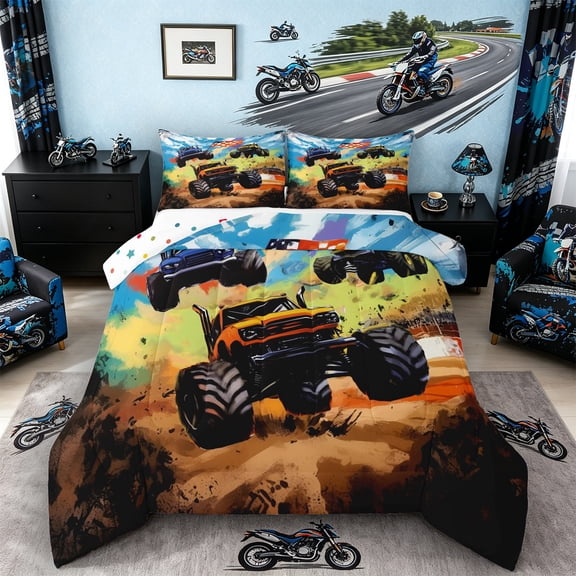 Castle Fairy Graffiti Monster Truck Queen Comforter Set 3pcs for Kids, Checkered Race Flag Bedding Comforter Set for Nursery, orange green
