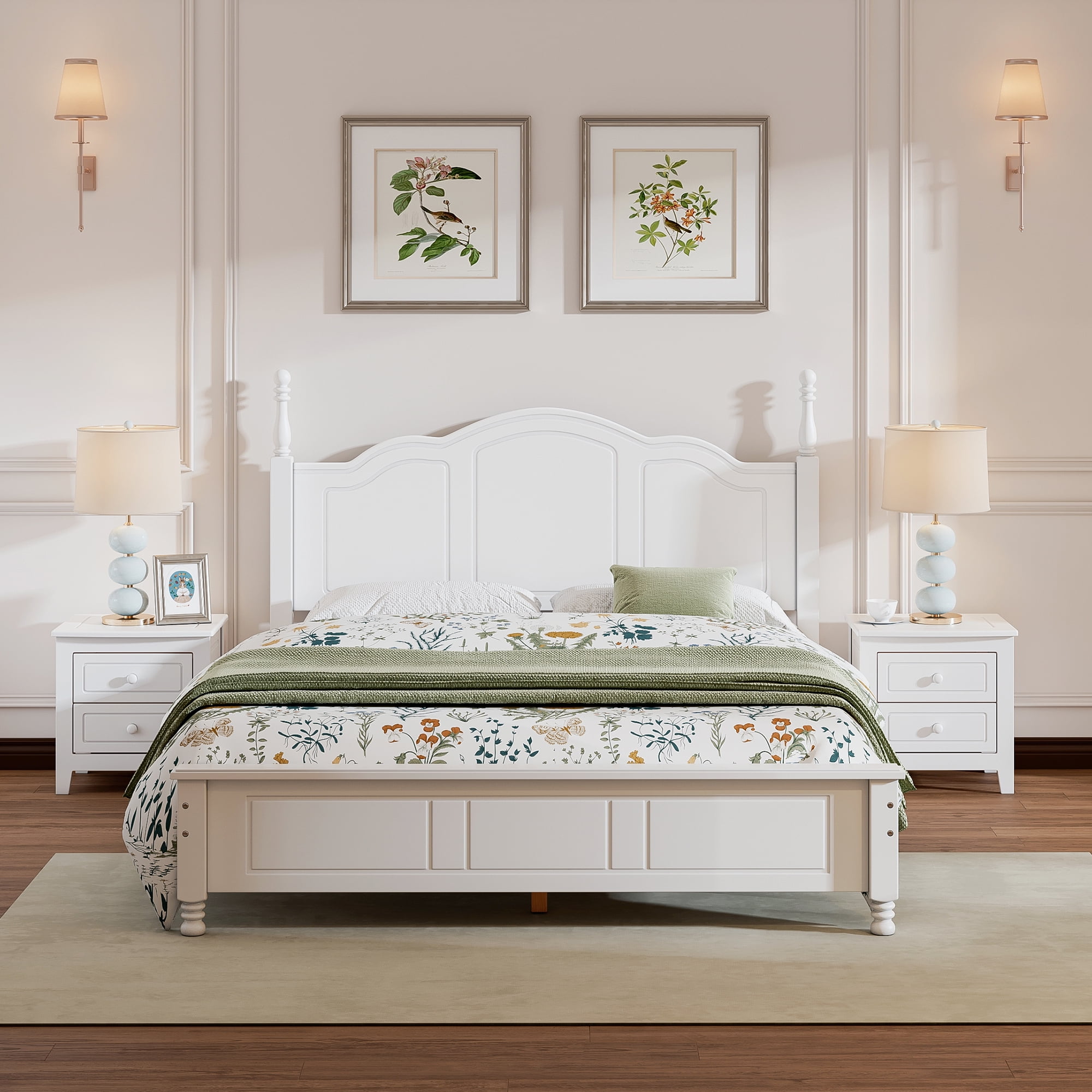 Euroco 3-Piece Natural Wood Queen Bedroom Set, White, Solid