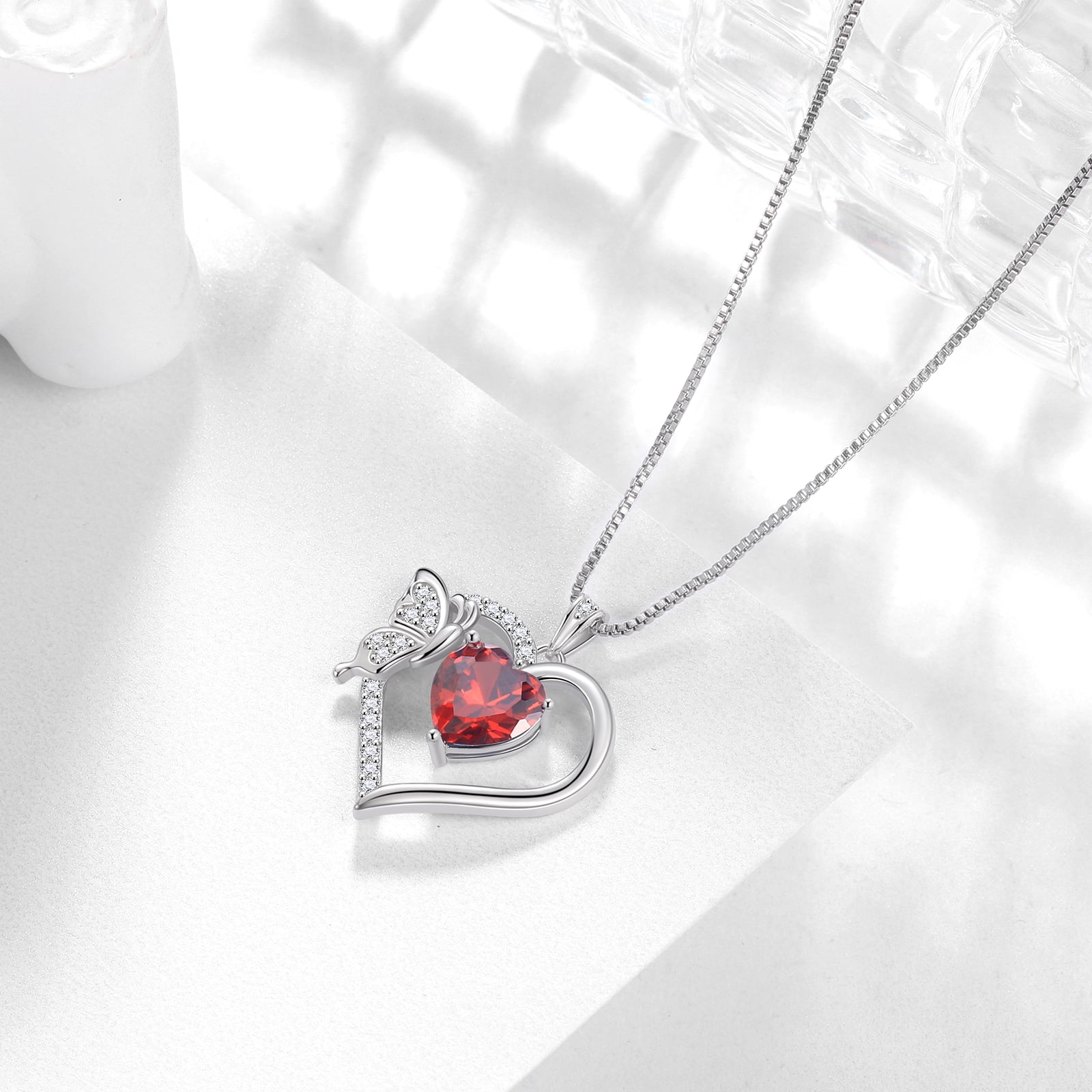 Red Heart Necklace Butterfly January Birthstone Necklace Garnet 925 Sterling Silver Pendant Jewelry Women Birthday Christmas Mother's Day Gifts