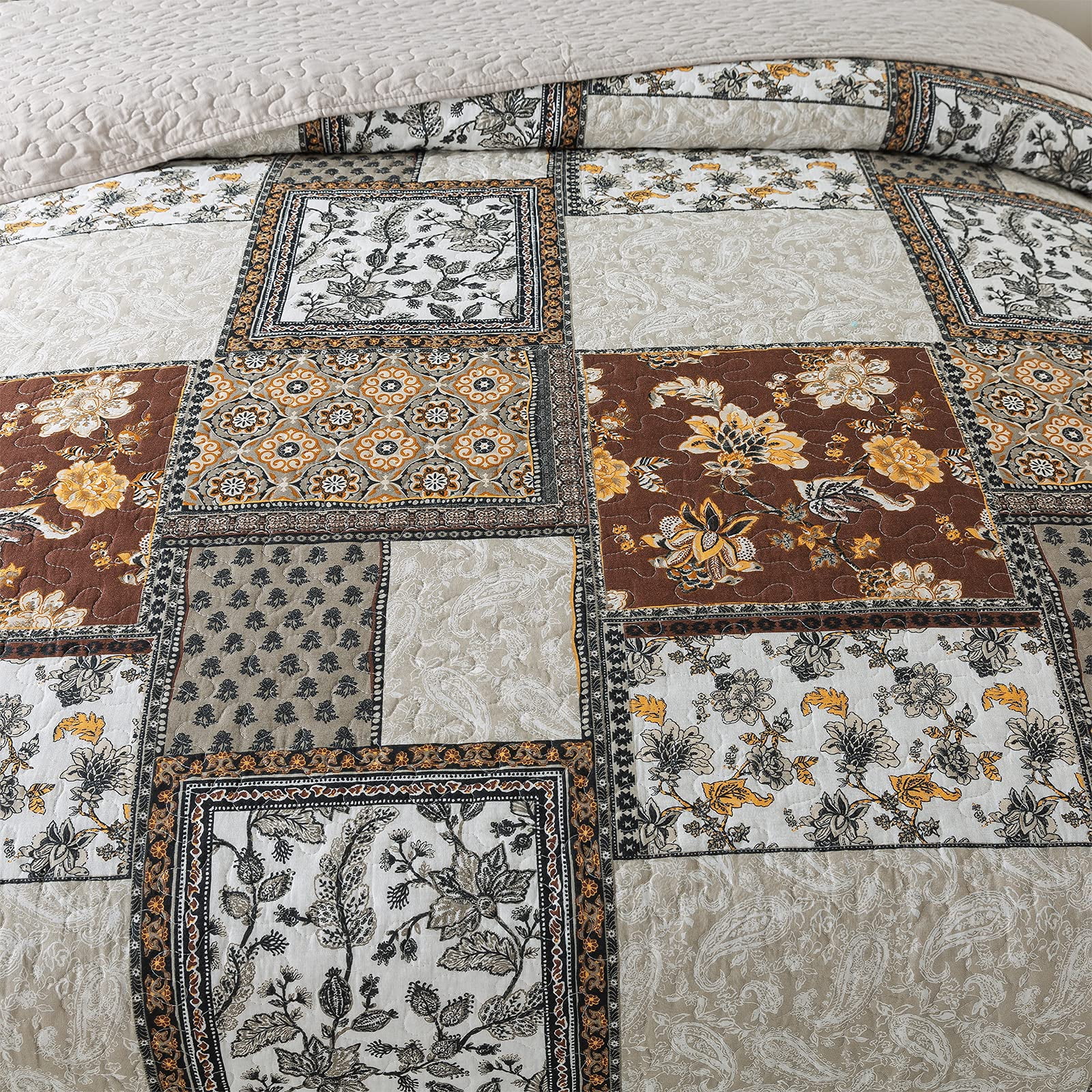 WannaToo Quilt Queen Size Comforter Cotton Bedding Set With Shams, Coffee