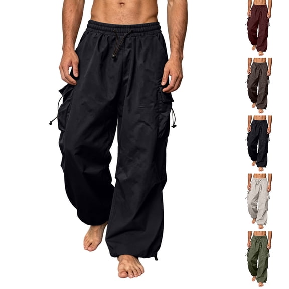 Vetsdori Cargo Pants with Pockets for Men Black Relaxed fit Elastic Waist Pants Loose Outdoor Hiking Streetwear Solid Color Baggy Wide Leg Pants