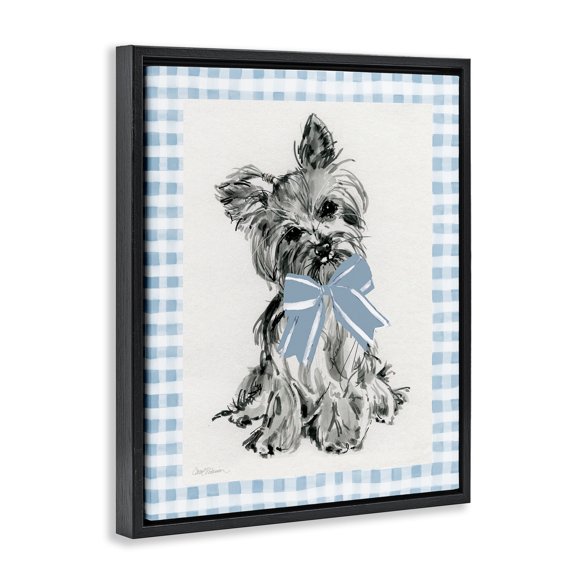 Stupell Industries Yorkie with Plaid Border Animals Painting Black Floater Framed Canvas Art Print Wall Art, 17 x 21