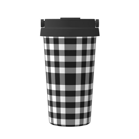 

Uemuo White And Black Plaid Print Carry Insulated Coffee Mug Travel Mug with Hidden Handle Insulated Coffee Flask Leak-proof Travel Mug Insulated Mug for Office