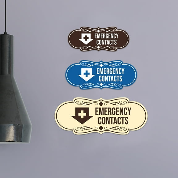 Designer Emergency Contacts (Down Arrow) Sign (Navy Blue / White) - Large