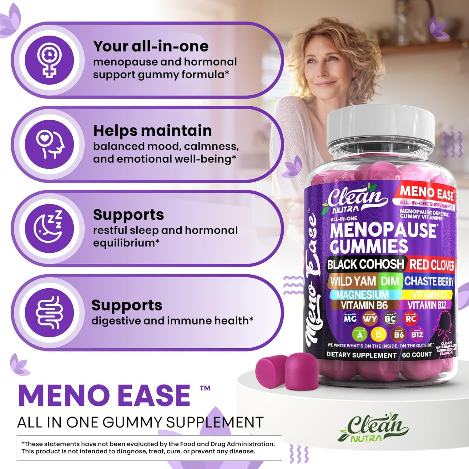 Clean Nutra Menopause Supplements for Women Chastberry Wild Yam Gummies Inositol Black Cohosh Magnesium Red Clover DIM Supplement B6 Magnesium Glycinate Glycine Vitex Hormone Balance Gummy Vitamins