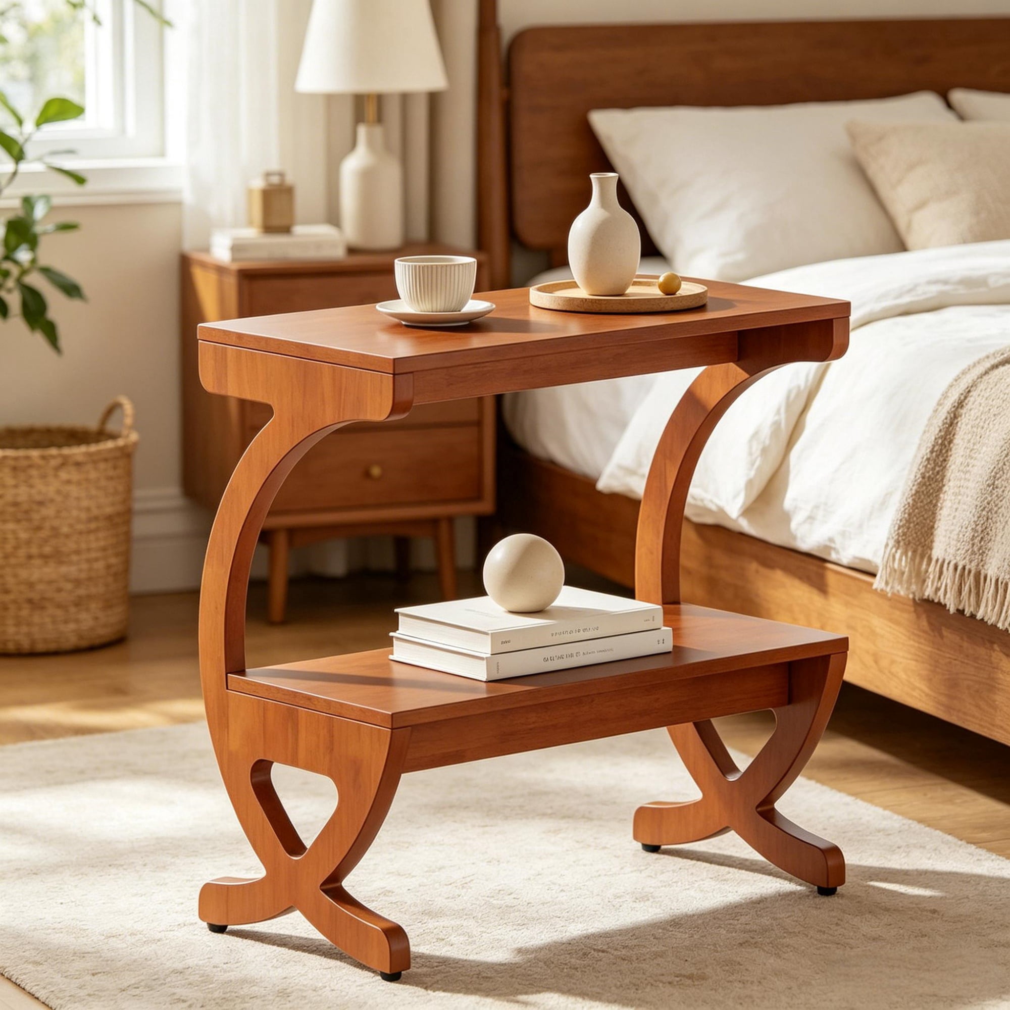 Solid Wood 2-Tier Narrow Side End Table, Slim Space Saving Sofa Side Nightstand with Open Storage Shelves, Stable Rubber Wood Frame Easy Assembly for Living Room Bedroom Entryway
