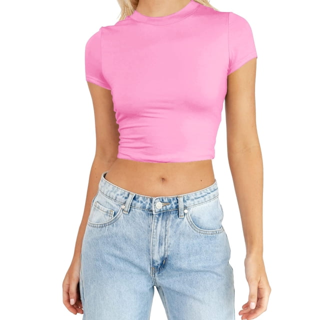 2025 T-Shirts Courts d'Été pour Femmes, Grand Chandail pour Femme à Manches, Crop Tops Mignons pour Femmes, Col Roulé à Manches Longues, Chandails Décontractés Basiques à Col Rond, Ajustés en Spandex, T-Shirts Moulants T