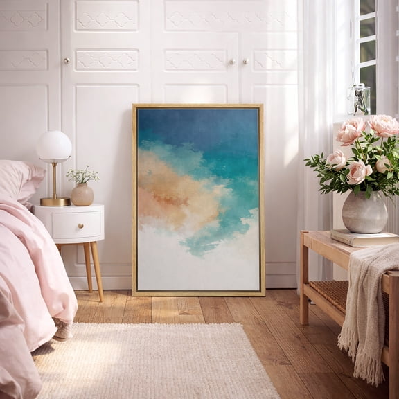 Framed Canvas Wall Art Soft Abstract Blue Beige Print for Living Room Decoration - 16"x24" NATURAL