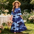thumbnail image 7 of Little Girls Maxi Dress 4-14 Years Ruffle Half Sleeve Round Neck Floral Print Tiered Long Dress with Side Pockets Blue E 5-6 Years, 7 of 7