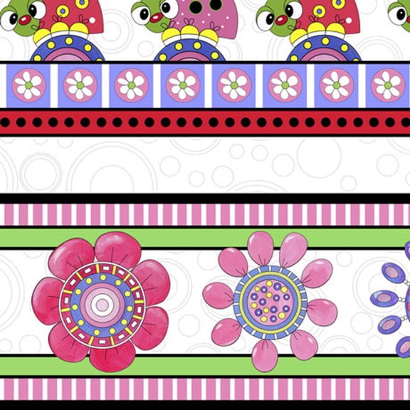 Lazy Little Ladybug and Flowers Stripe 100% Cotton Fabric Sold by the Yard