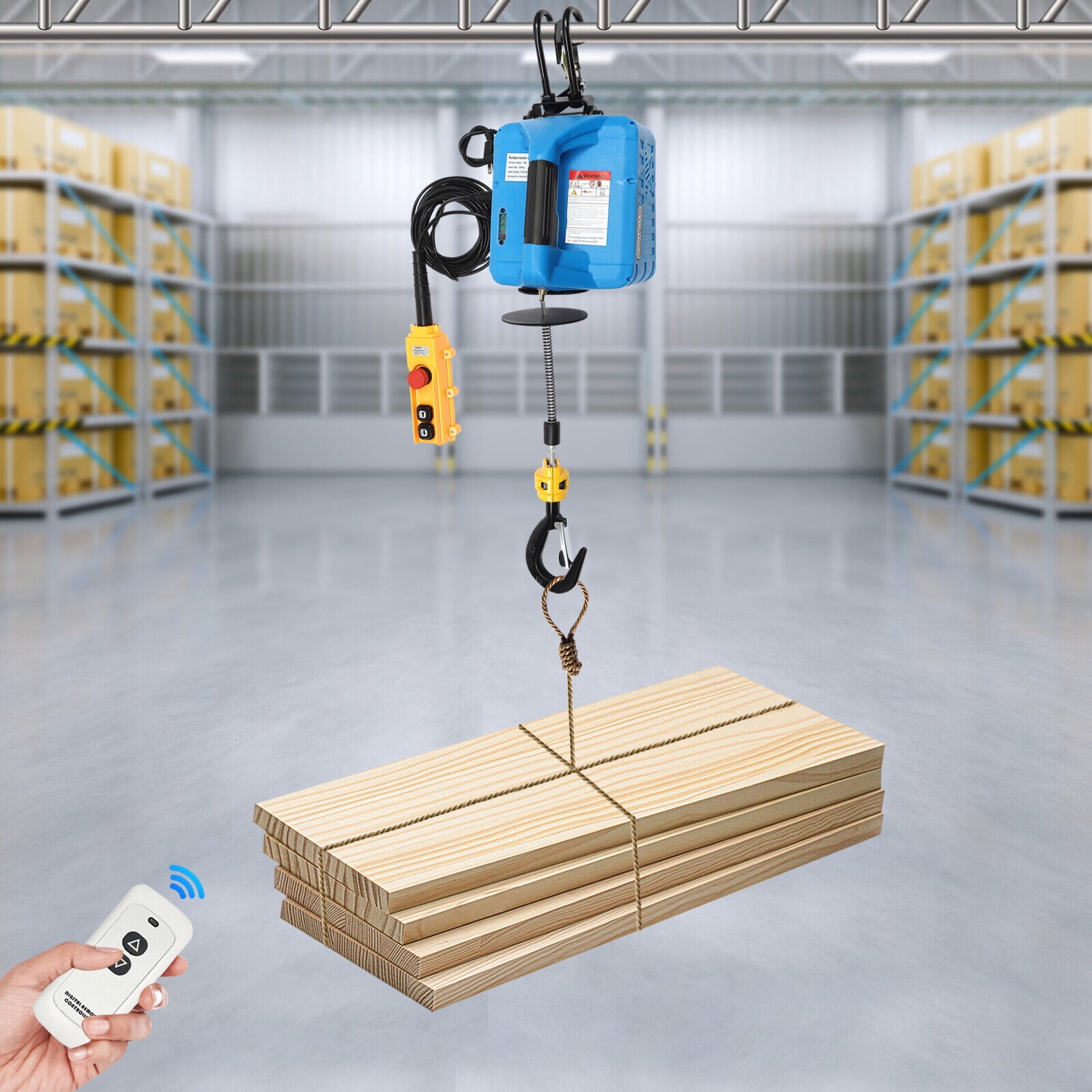 110V Portable Electric Hoist Winch Engine Crane Lifting ww/ 2 Remotes 1100lbs