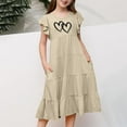 thumbnail image 4 of shoper Girls' Dresses Ruffled Sleeve Crew Neck Heart Print Swing Comfortable Prom Dress Girls Holiday Party Dress Beige 150, 4 of 6