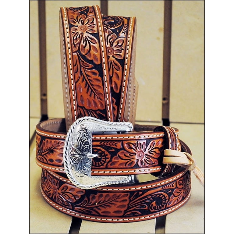 Western Floral Tooled Leather Belt Strap - 1.5" Tan Genuine Leather With Interchangeable Buckle Snap, Size 40