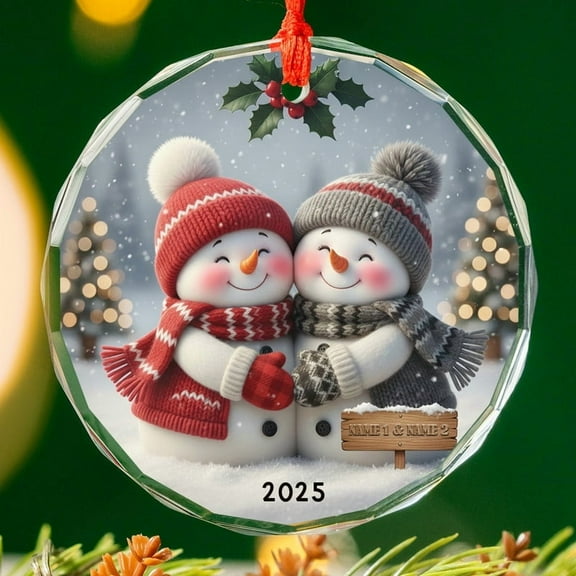Lotusprinthandmade Personalized Couple Snowman Christmas Glass Ornament 1-sided Printed Circle (3 inches), snowman couple christmas decor, christmas couple glass ornament