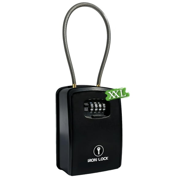 Iron Lock® XXL Key Lock Box Portable and Wall Mounted with Removable Cable Shackle Waterproof Indoor Outdoor 4 Digit Combo Resettable Code with A B Switch Extra L